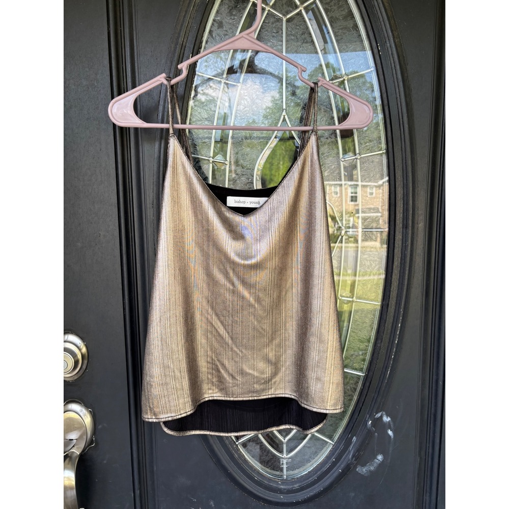Bishop + Young Gold Silver Metallic Pleated V-Neck Camisole Cami Top Size Medium